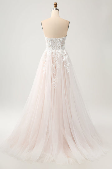 Vit A Line Sweetheart Glittrande Bröllopsklänning med Applique Spets